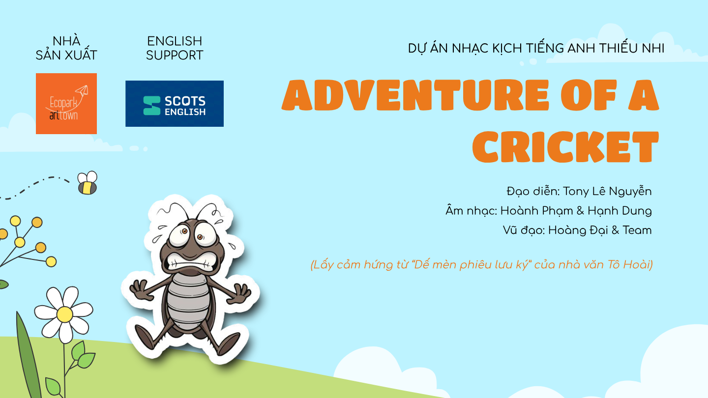 Poster Adventure of a Cricket với logo Ecopark Arttown và Scots English